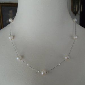 Cultured White Pearl and Sterling Station Necklace